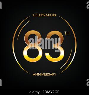 83th anniversary. Eighty-three years birthday celebration banner in bright golden color. Circular logo with elegant number design. Stock Vector