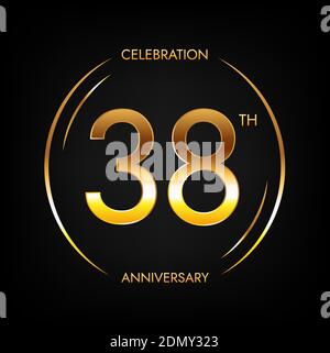 38th anniversary. Thirty-eight years birthday celebration banner in bright golden color. Circular logo with elegant number design. Stock Vector