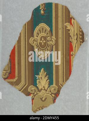 Sidewall, Machine-printed, Fragment of papers with badly matched joins, showing an architectural arrangement of panelling with two cartouches., possibly USA, ca. 1870, Wallcoverings, Sidewall Stock Photo