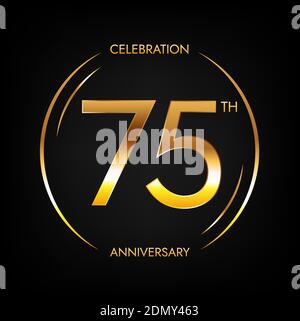 75th anniversary. Seventy-five years birthday celebration banner in bright golden color. Circular logo with elegant number design. Stock Vector