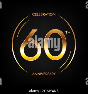 60th anniversary. Sixty years birthday celebration banner in bright golden color. Circular logo with elegant number design. Stock Vector