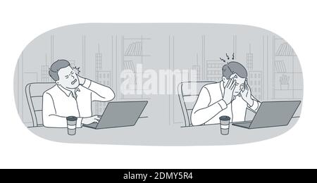 Stress, overwork, overload concept. Unhappy depressed stressed young man office worker sitting with laptop touching head and feeling stressed and tire Stock Vector
