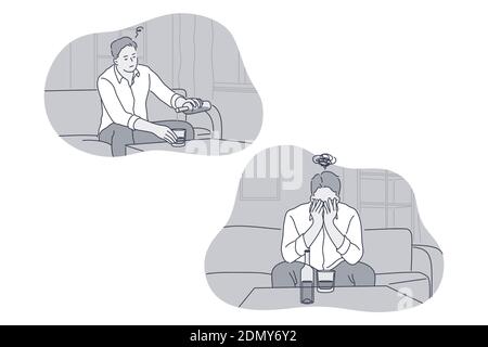 Grief, Depression, alcohol addicted concept. Young unhappy man suffering from depression, drinking alcohol and covering face with hands thinking about Stock Vector