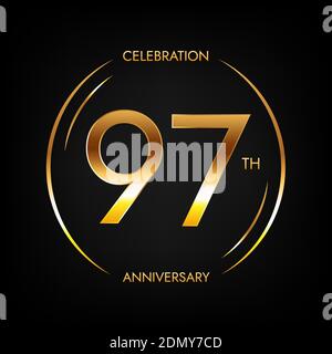 97th anniversary. Ninety-seven years birthday celebration banner in bright golden color. Circular logo with elegant number design. Stock Vector