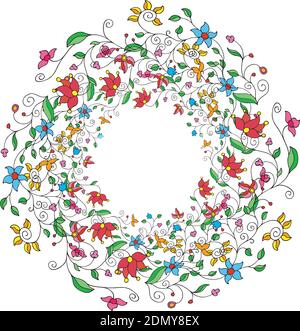 Round frame of red flowers on white background. Stock Vector