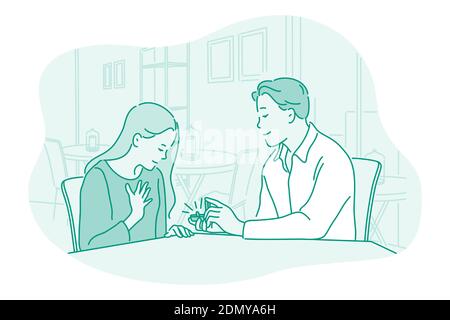 Proposal, engagement, relations concept. Young loving happy boyfriend cartoon character sitting and making proposal with ring in box to surprised girl Stock Vector