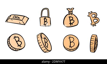 Hand drawn orange business bitcoin symbols. 2d money illustration with doodle design style Stock Photo