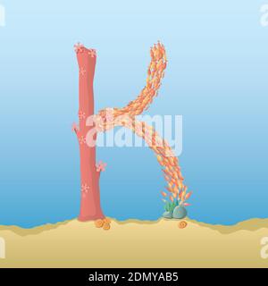 Marine alphabet. Illustration of a letter K under water. Stock Vector