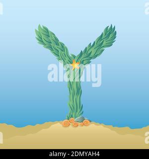 Marine alphabet. Illustration of a letter Y under water. Stock Vector