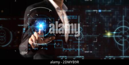 new normal business man hand pointing on the control panel on connecting network of good quality of assurance by using augmented mixed virtual reality Stock Photo