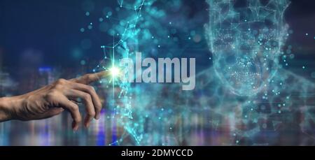 man hand pointing in to futuristic interface network include of artificial intelligence(ai), machine deep learning, robot computer software, digital t Stock Photo