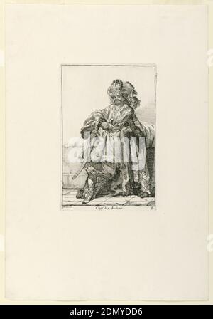 Chef des Indiens (Indian Chief), plate 8 from the series Caravanne du Sultan a la Mecque (Caravan of a Sultan Going to Mecca), Joseph Marie Vien the Elder, French, 1716 – 1809, Joseph Marie Vien the Elder, French, 1716 – 1809, Etching on cream laid paper, Dark-skinned man with mustache leans against low wall. Both hands at belt, from which hangs long curved sword. He faces frontally, and wears stiff striped turban with fur, feathers, and pearls., France, 1748, figures, Print Stock Photo