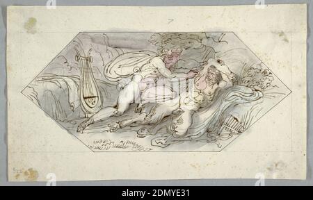 Apollo flays Marsyas, Felice Giani, Italian, 1758–1823, Pencil, pen and black ink, brush and watercolors on paper, Horizontal rectangle. Apollo kneels upon the satyr who lies against a tree. Caption: '7,' in a hexagon in black chalk. The hexagon is drawn into a pencil oblong., Italy, 1796–98, figures, Drawing Stock Photo