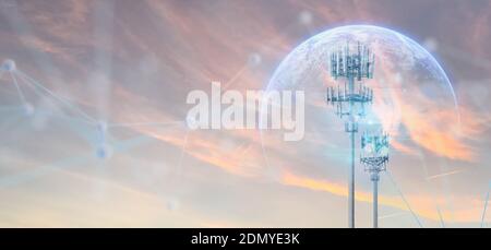 digital marketing concept, business with interface of communication wireframe of cloud technology to connect data in world network by using 5g . futur Stock Photo