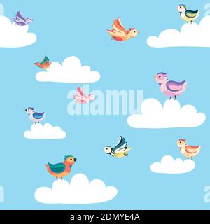 seamless pattern birds and clouds in the blue sky. Stock Vector