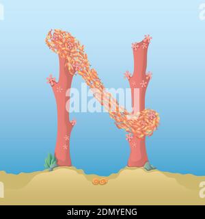 Marine alphabet. Illustration of a letter N under water. Stock Vector