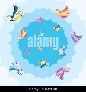 Birds flying in the clouds. Vector illustration Stock Vector