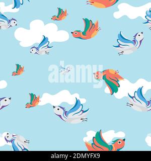 seamless pattern birds flying in the clouds. Stock Vector