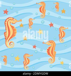 Seamless pattern sea horse and starfish on blue background Stock Vector