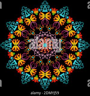 Multi-colored Madala on a black background, attracting good luck, health and prosperity. Stock Vector