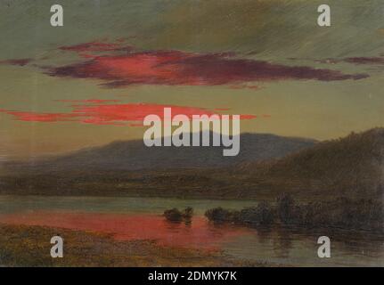 Sunset, Hudson, New York, Frederic Edwin Church, American, 1826–1900, Brush and oil paint, graphite on thin paperboard. Verso: Graphite., A view across a body of water toward the Catskill Mountains in the distance, at sunset. The brilliant red clouds glow from the setting sun and are reflected in the water below. A small figure walks at left., Verso: Sketches of architectural details (sculpture) and a baby., Hudson, New York, USA, December 25, 1873, landscapes, Drawing Stock Photo