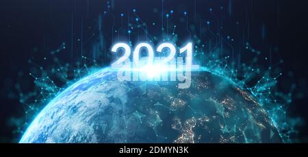 2021 futuristic technology concept, happy new year in earth on planet background with connection of comunitity technology , high growth of tech around Stock Photo