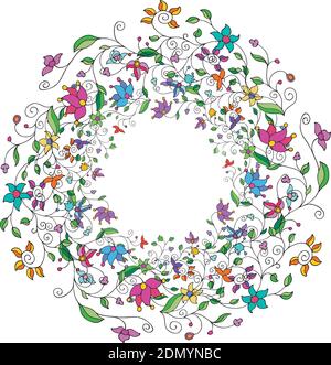 Round frame of colorful flowers on white background Stock Vector