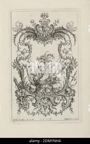 Cartouche with Armorial Trophy, Livre d’ornements (Book of Ornaments), François de Cuvilliés the Elder, Belgian, active Germany, 1695 - 1768, Franz Xaver Andreas Jungwierth, German, 1720–1790, François de Cuvilliés the Elder, Belgian, active Germany, 1695 - 1768, Engraving on paper, Design for upright symmetrical cartouche, topped with a mask and surrounded by ornamental scrollwork. Within the frame, an elaborate armorial trophy featuring a suit of armor, drums, trumpet, a shield, and banners., Munich, Germany, 1738, albums (bound) & books, Bound print Stock Photo