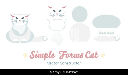 Flat white persian cat isolated vector constructor. Cartoon illustration domestic blue cat logo icon. Stock Vector