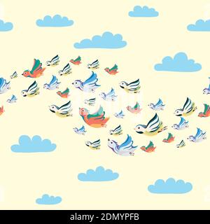 seamless pattern birds flying in the clouds. Stock Vector