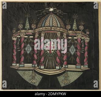 Royal Temple, Cut paper on wood frame, Magic lantern slide, optical toy. On black field, garden pavilion with eight twisted columns; broken out in a semicircle in central portion, which is crowned with a dome. In central intercolumniation, the shield of the House of Savoy with charioteers' heads in the quarterings. In right and left intercolumniation, ciphers set in lozenges. At top, five-pointed star from which dart lightning bolts., Savoy, France, ca. 1780, toys & games, Lantern slide, Lantern slide Stock Photo