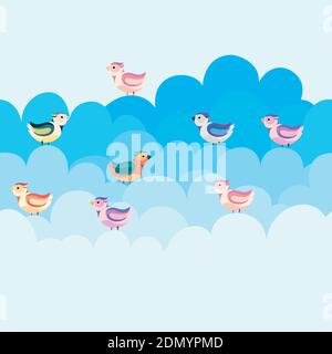 Birds sitting in the clouds seamless pattern. Stock Vector