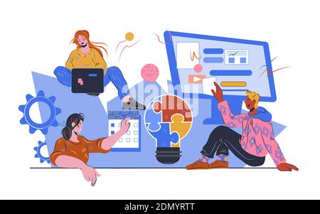 Agile system of project management and development with team of developers put notes on the planning board and work in collaboration. Agile and Scrum, Stock Vector