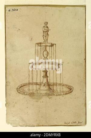 Project for a Fountain, Pen and brown ink on off-white laid paper, Water pours from two bowls into a round basin. Indistinct classical figure stands atop., Italy, 1725–1800, architecture, Drawing Stock Photo