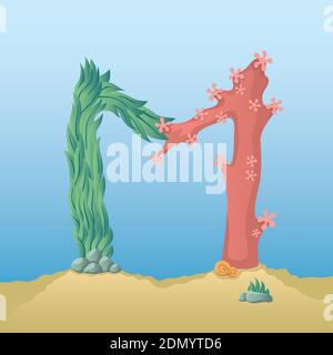 Marine alphabet. Illustration of a letter M under water. Stock Vector