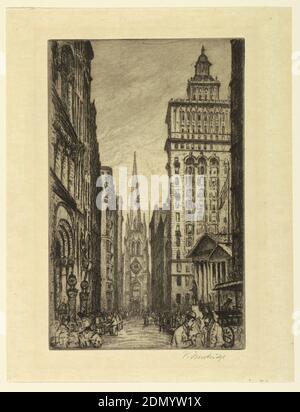 Trinity Church from Wall Street, Vaughan Trowbridge, American, 1869–1945, Etching and drypoint in sepia ink on paper, Vertical rectangle. Wall Street runs through the center of the composition, with tall buildings to the left and right. Trinity Church (1846) looms up in the background, flanked on the right by the slender 22-story Gillender Building (built in 1896, demolished in 1910) and Federal Hall National Memorial (1833-1842)., USA, ca. 1896–1910, Print Stock Photo