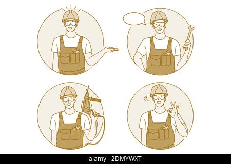 Occupation, job, manual worker concept. Man professional worker repairman in working uniform cartoon character holding wrench and drill in hand and sh Stock Vector