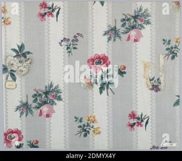 Textile, Medium: cotton Technique: printed by engraved roller and block printed, Grey ground, molette printed in pattern of checked stripes with geometric borders. Overprinted with random flower sprays – roses, poppies, pinks, and forget-me-nots, in yellow, blue, white, pink and green., 1851–63, printed, dyed & painted textiles, Textile Stock Photo