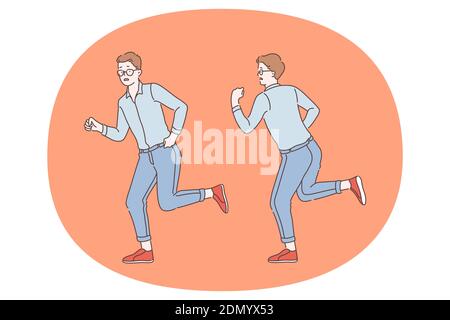 Deadline, hurry up, emergency concept. Using stressed man office worker cartoon character running and being late for meeting or urgent task for work v Stock Vector