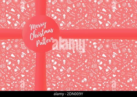 Merry Christmas and Happy New Year. White outline on a red background with a picture of a gift ribbon. Stock Vector