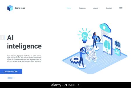 Website creative landing page design, cartoon engineer people learning digital robot brain machine intelligent, futuristic tech AI technology. Isometric artificial intelligence vector illustration. Stock Vector