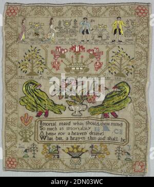 Sampler, Medium: silk and wool embroidery, wool foundation Technique: cross, double running, satin and laid stitches on plain weave, People, plant ornament, birds and verse in horizontal bands., England, ca. 1750–75, embroidery & stitching, Sampler Stock Photo