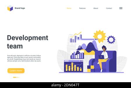 Creative modern concept landing page, flat digital design with developer designer testing, building ui interface, analyzing statistics. Web banner design programming development vector illustration Stock Vector