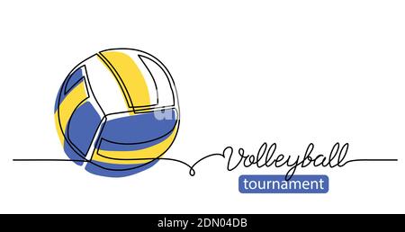 Volleyball tournament simple vector background, banner, poster with color ball sketch. One line drawing art illustration of volleyball ball Stock Vector