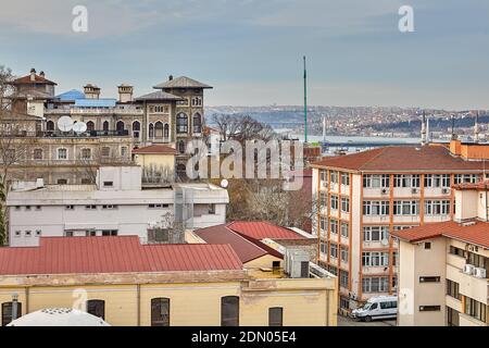 Hobyar or Sirkeci quarters, Istanbul Male Lyceum in upper left corner, and Golden Horn Bridge, Fatih, Eminonu district. Stock Photo