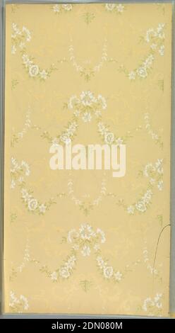 Sidewall, Machine-printed paper, liquid mica, Small four-flower bouquets connected by layers of floral swag, foliate scrolls, ribbon swag, vertical lines, and twig-like swag. Ground is a light beige. Printed in greens, white, white mica, orange, grey and silver mica. Large tear., USA, 1905–1915, Wallcoverings, Sidewall Stock Photo