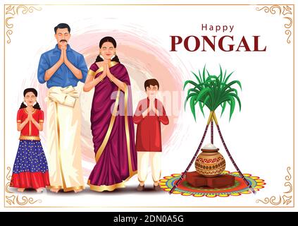 Happy Pongal religious traditional festival of Tamil Nadu India. Tamil family pry for god. vector illustration design Stock Vector