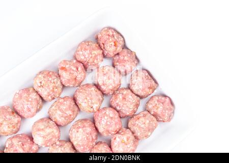 raw organic mincet meat balls isolated on white, copy space Stock Photo