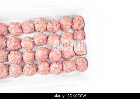 raw organic mincet meat balls isolated on white, copy space Stock Photo