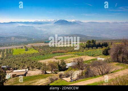 Panoramic view of the Sierra Nevada from the Paseo de la Muralla de Baeza, Andalucia, Spain Stock Photo